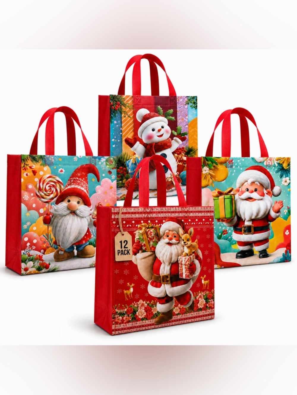 Festive Red Christmas Gift Tote Bags - 12 Pack